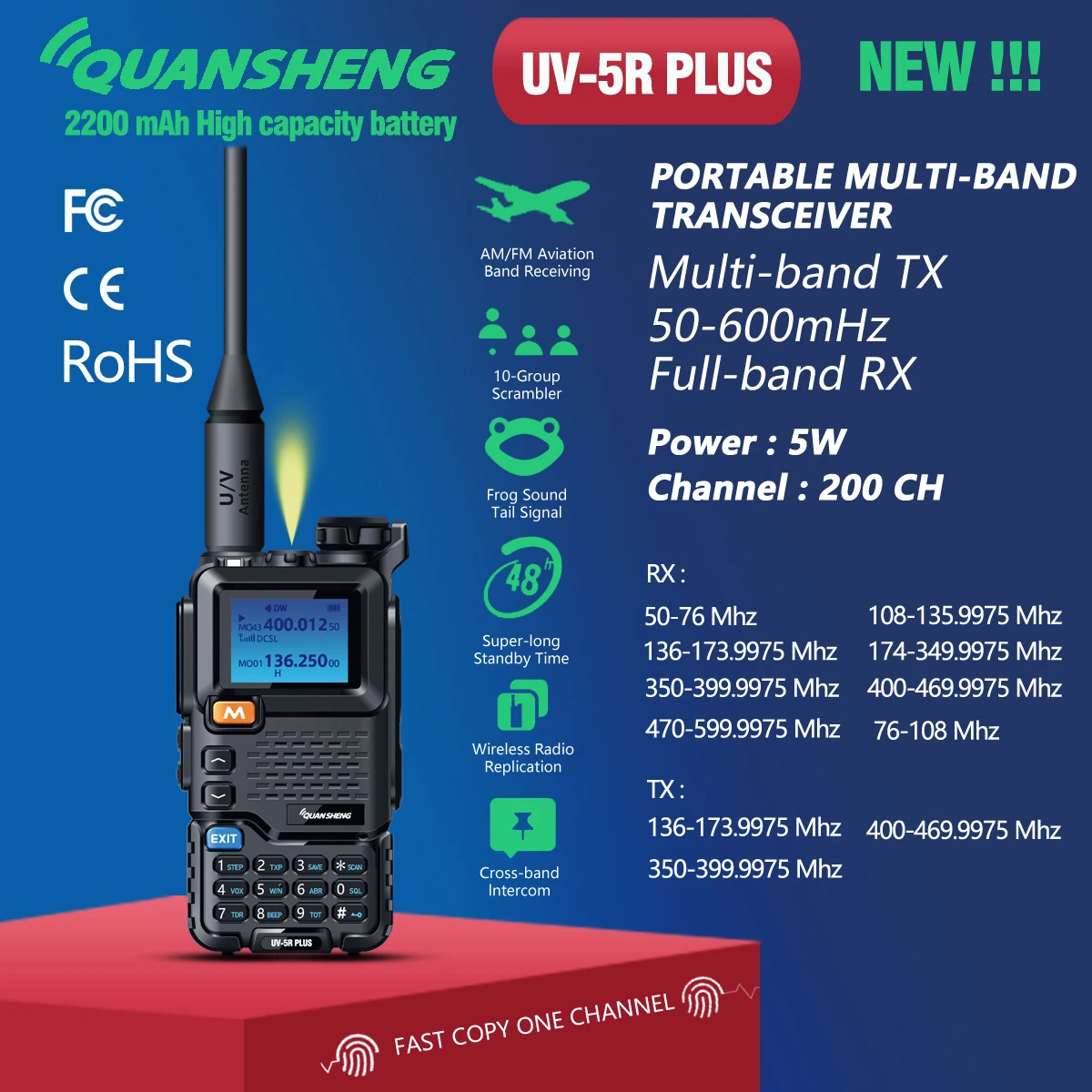 Quansheng-Walkie Talkie de banda dupla de ar de longo alcance, UV-5R Plus, UV-K5, rádio bidirecional, 5W, 2200mAh, portátil, 200 canais, alta potência, novo