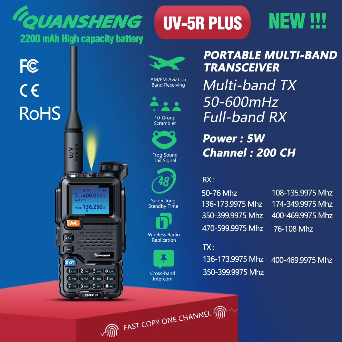 Quansheng 워키토키 UV-5R 플러스 UV-K5 장거리 에어 듀얼 밴드 양방향 라디오, 5W 고출력 2200mAh 휴대용 200 채널, 신제품 