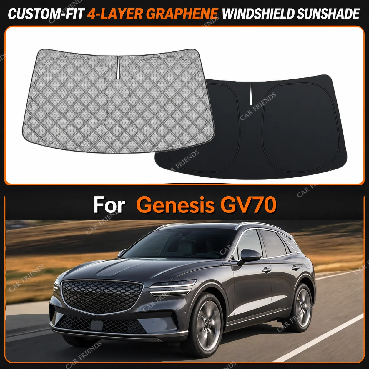 For Genesis GV70 Custom-Fit 4-Layer Graphene Windshield Sunshade Reflective Gray-Silver Surface Helps Reduce Direct Sunlight