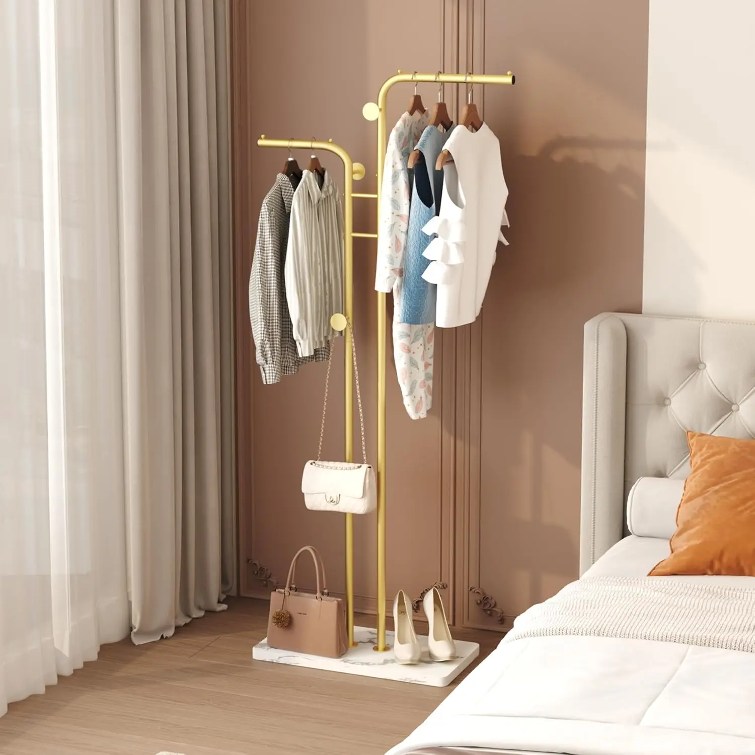 

Coat Rack, Freestanding Metal Coat Racks, Double-pole Clothes Hat Stand with 5 Hooks for Closet, Bedroom, Entryway, Liv