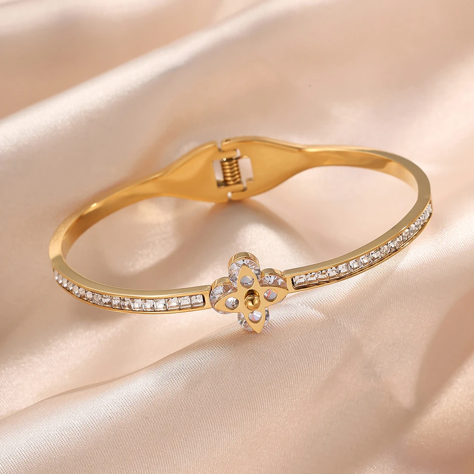 Htpwe الفولاذ المقاوم للصدأ أربع أوراق البرسيم مطعمة الزركونيوم زهرة سوار المرأة مطلي 18 كيلو الذهب زوجين عطلة سوار مجوهرات #2