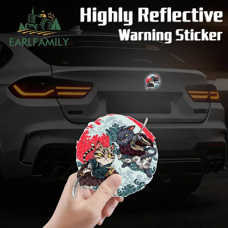 

EARLFAMILY Samurai Cat Japanese Reflective Car Stickers Rear Windshield Skateboard Helemt Decal Scratch-Proof Car Styling
