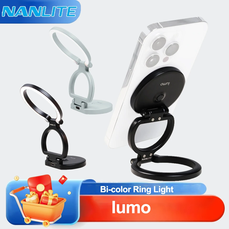 

Магнитный кольцевой LED-светильник Nanlite Lumo для телефона, миниатюрный портативный круговой светильник для селфи, для видеоблогов и прямых трансляций, со складной подставкой для телефона