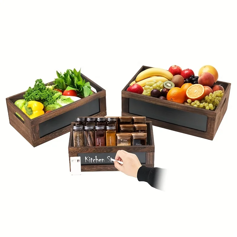 

Set of 3 Vintage Storage Boxes Featuring a Writable Blackboard, Wooden Baskets for Storage, Spice Can Holders, Desktop Organizers, Makeup Storage Solutions, Wooden Boxes for Fruit Display in Supermarkets, And Home Decoration Items, Shelf Baskets