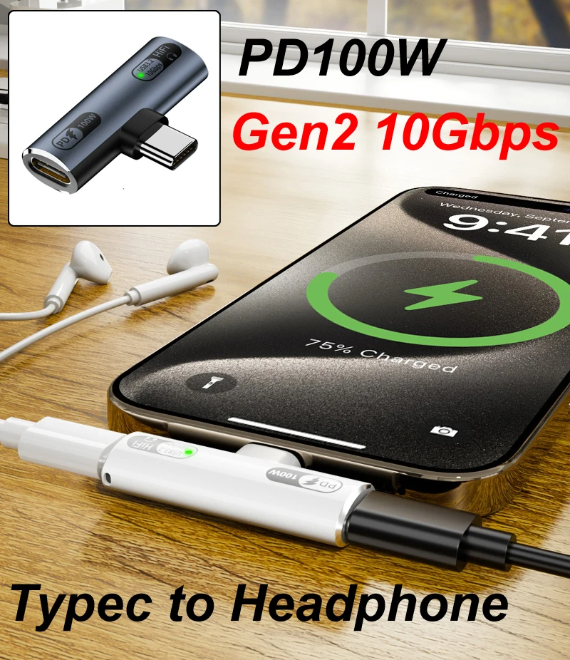 2-in-1 PD 100W Fast Charger USB Type C To Headphone Audio Au