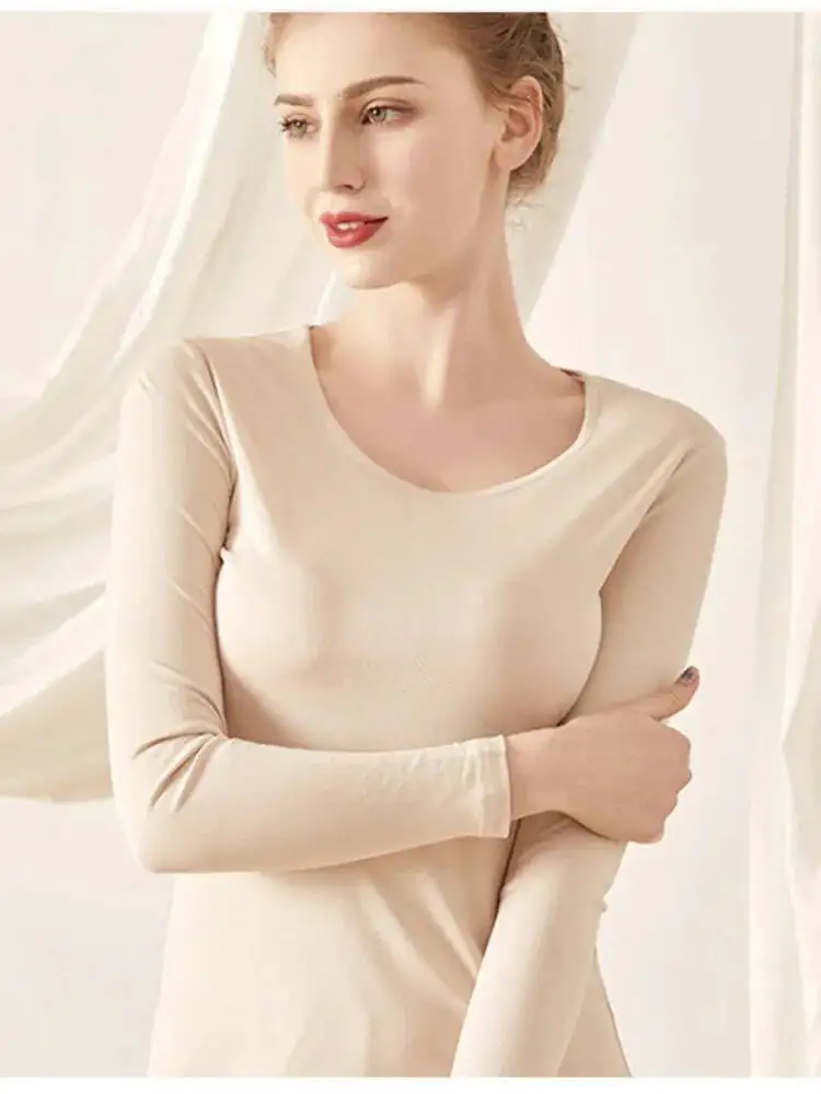 Mulberry Silk Double Sided Knitted Round Neck Slim Fit Long Sleeve Top Women Soft Basic Bottoming Tee New