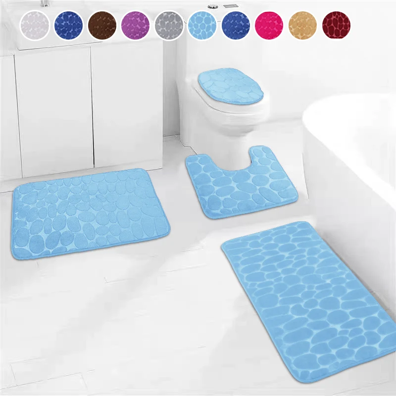 

1/2/3/4Pcs Toilet Set Bath Mat Shower Room Floor Rug Home Bathroom Anti-Slip Absorbent Doormat Pebbles Bathtub Decor Carpet