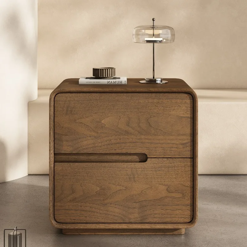 2026 modern simple natural wood grain bedside table left and right two optional anti-collision rounded corner solid wood bedroom