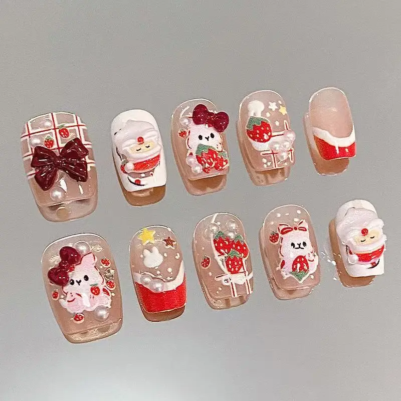 Christmas Santa Claus Cute Premium White Bow Short Strawberry Rabbit Nail Sticker Removable Nails Fake