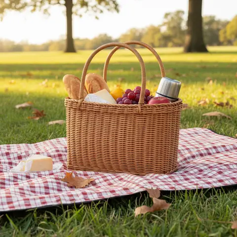 Natural Rattan Wicker Basket With Handle For Shopping And Picnic Handwoven Storage Organizer Basket