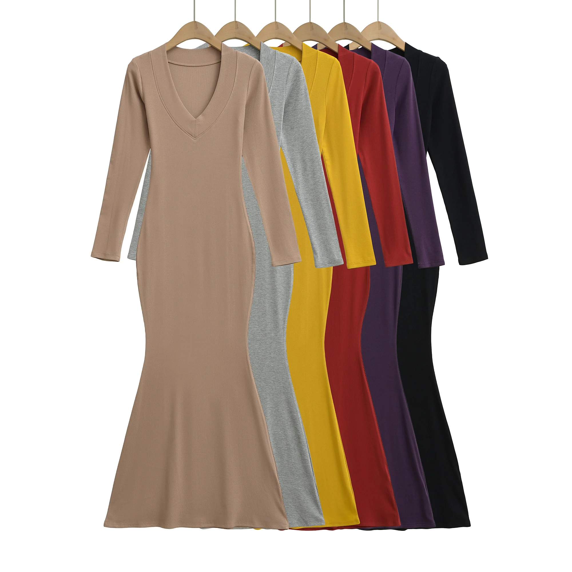 2025 Sexy V Collar Rib Knitted Rayon Cotton Long Mermaid Dress Women Full Sleeve Stretch Basic Bodycon Fishtail Robe Vestido