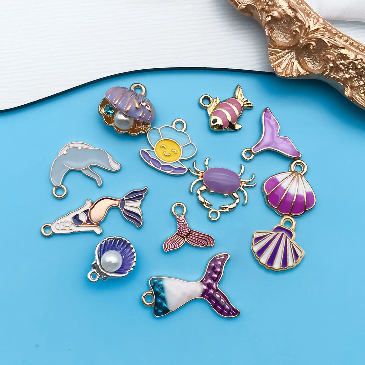 Mix 12pcs/lot Enamel Marine Life Shell Starfish Dolphin Charm Pendant For Jewelry Making DIY Earring Findings Accessories