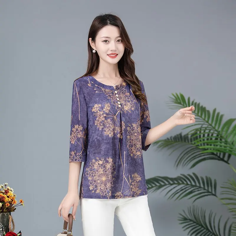 Spring summer Blouse Women Flower Printing Top Middle Aged Woman Casual v Collar Half sleeve Blouses Plus size