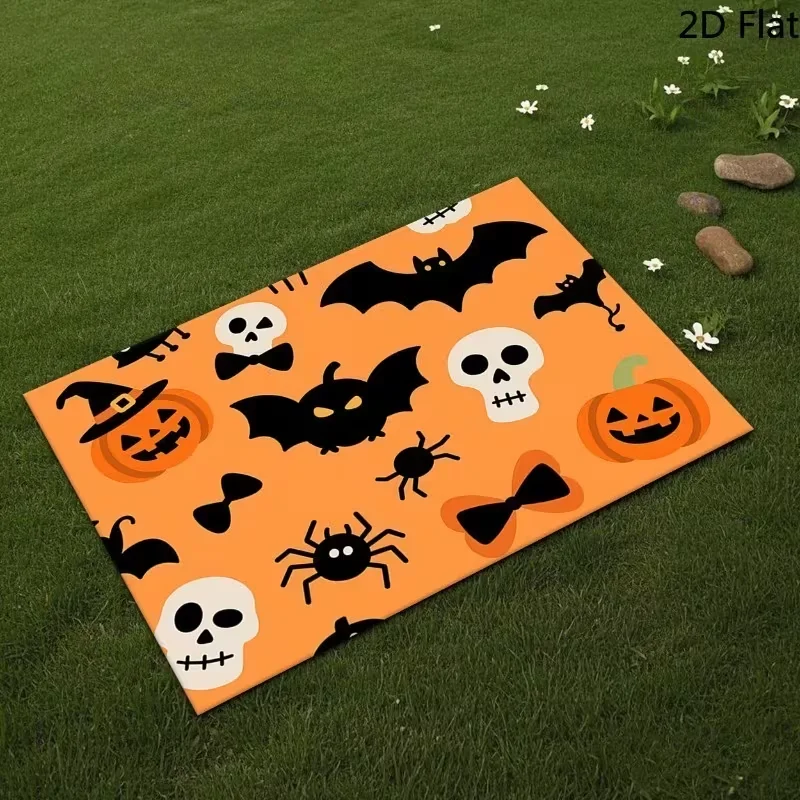 Skeleton Welcome Halloween Door Mat Non Slip Floor Rug Funny Spooky Skeleton Bat Print Entrance Mat For Porch Entryway Decor