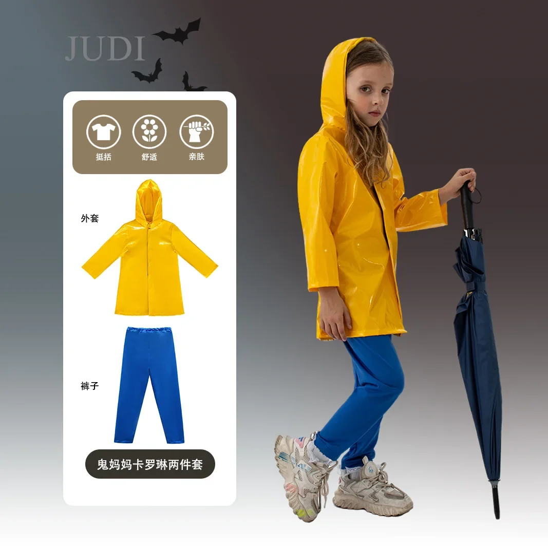 Assustador Cosplay para adultos e crianças, peruca coralina, casaco amarelo, porta secreta, filmes de terror, festa de Halloween, terno tamanho