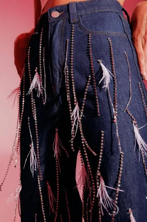 Women's Fashion Nail Buckle Decoration Tassel Loose Straight Tube Denim Pants with Side Slit Stylish Casual Jeans