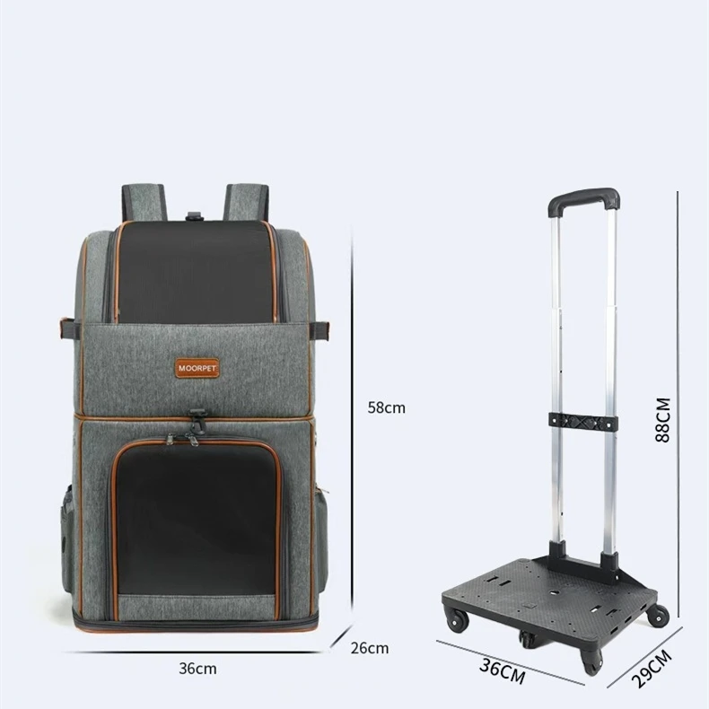 Dual Compartment Pet Carrier Backpack with Trolley Wheel Portable Breathable Travel Luggage for Two Small Cats Dogs Outdoor