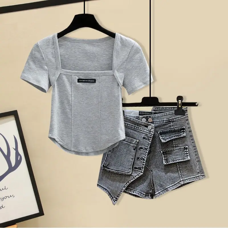 Large Women\'s Summer Suit Women\'s 2024New Korean Short Sleeve Top Irregular High Waist Jeans Two Piece Set