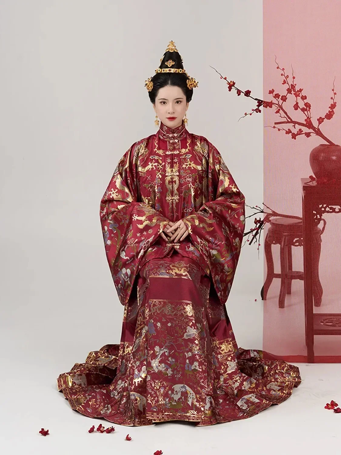 Chinese traditional dress Hanfu embroidered square collar jacket on front shirt horse skirt engagement dress wedding dress