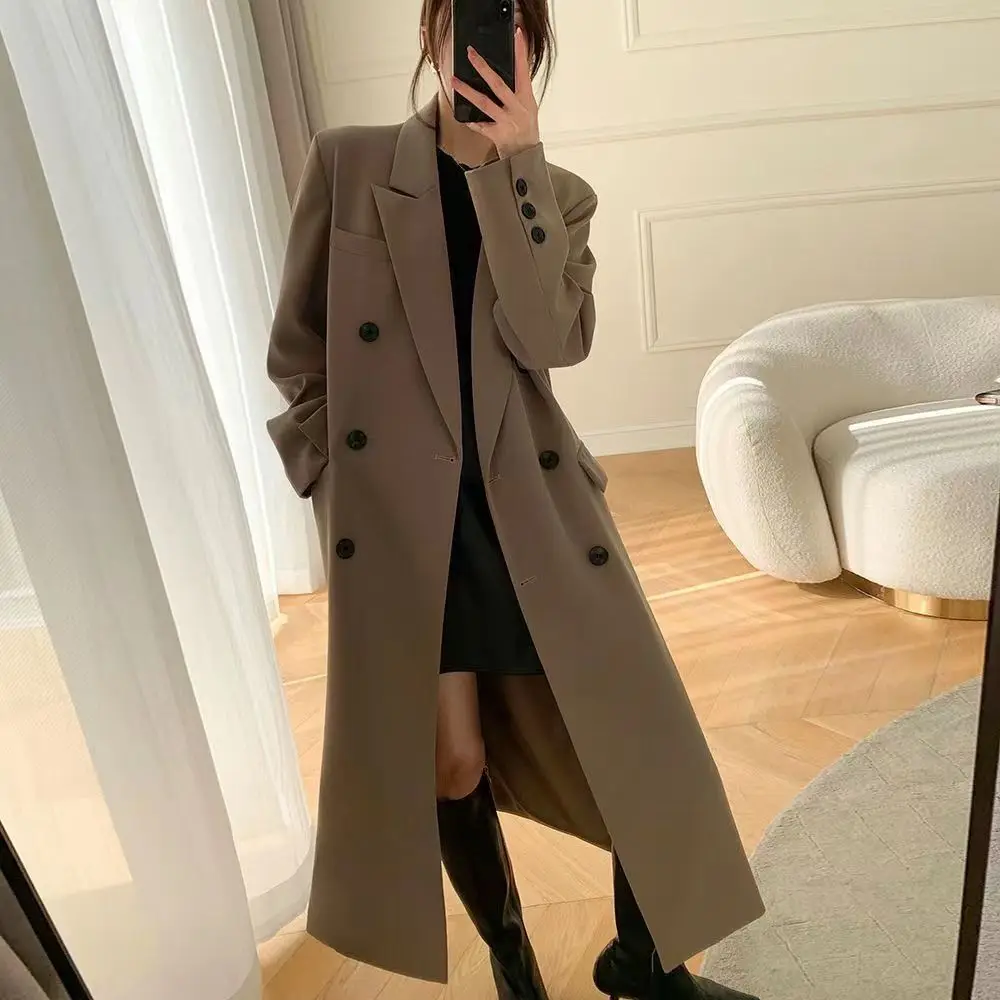 2023 High Quality Trench Coat Women Mid Length Autumn New Style Temperament Double Breasted Suit Collar Long Coat Abrigo Mujer