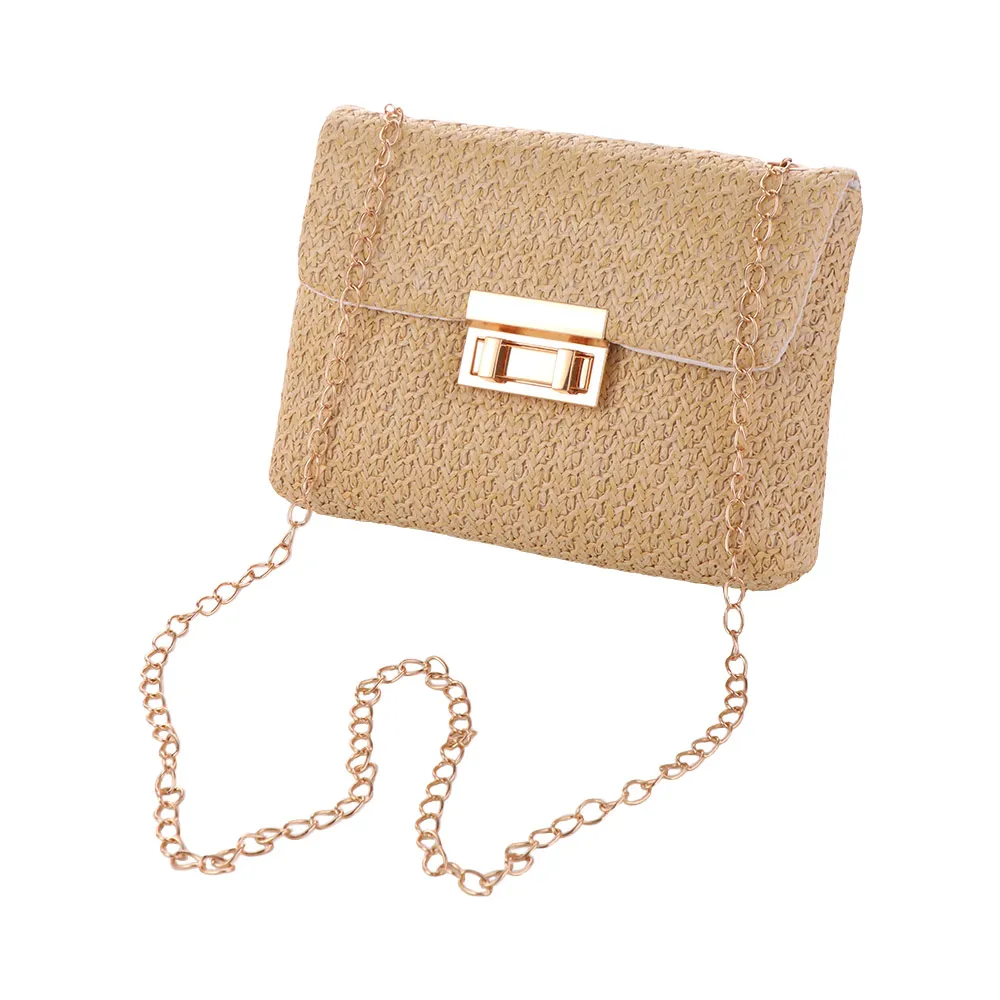 Casual Lock Buckle Closed Straw Crossbody Bag Woven Chain Small Square Bag Messenger Bag Handbag Beach Shoulder Bag Daily
