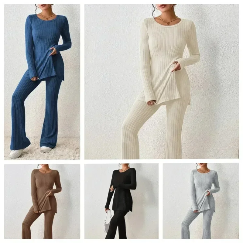 Women Suit Set Stylish Women\'s Knitted Two-piece Suit Set with Long Sleeve Ribbed Top High Waist Flared Trousers for Fall