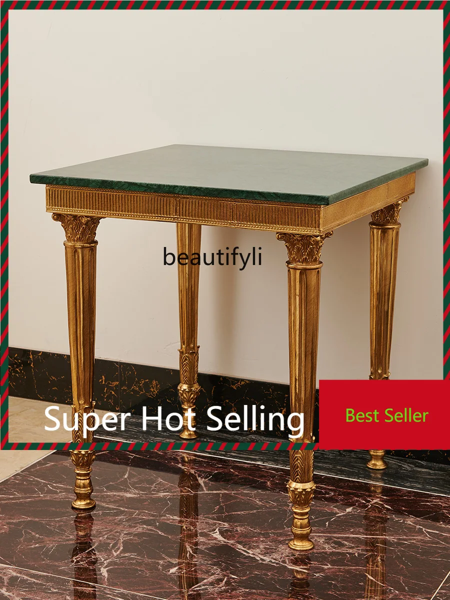 

French European Luxury Retro Simple Copper Big Flower Green Stone Table Side Table Corner Table