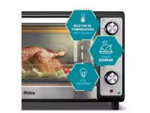 Painel lateral do Forno Philco PFE66 mostrando ícones de temperatura, função dourar e luz interna