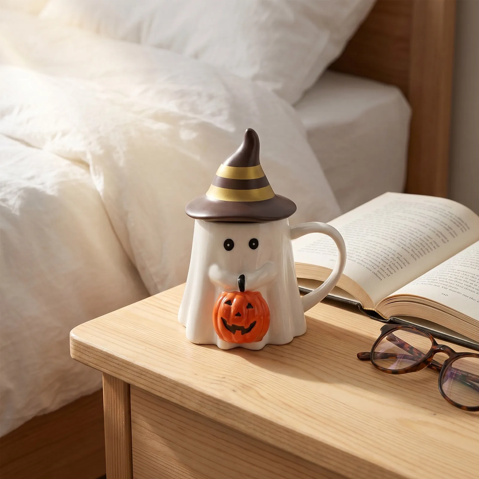 Halloween Ghost Pumpkin Ceramic Mug with Witch Hat Lid Seasonal Fall Coffee Cup Halloween Table Decor Spooky Gift Cups