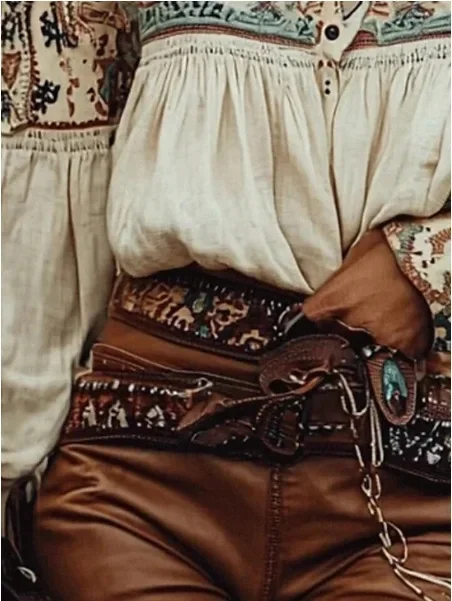 Retro Western Cowgirl Damenhemd Ethnisch Bedrucktes Bohemian-Oberteil Einschultriges Hemd – Detail 3