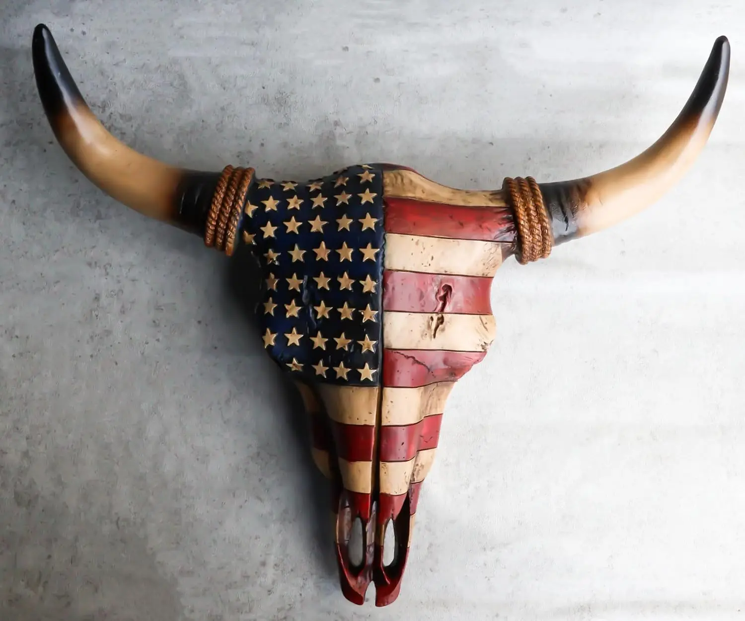 Patriotic Western USA American Flag Star Spangled Banner Wall Plaque, Rustic Steer Bison Buffalo Bull Cow Skull Decor, 16.25 Inches Wide