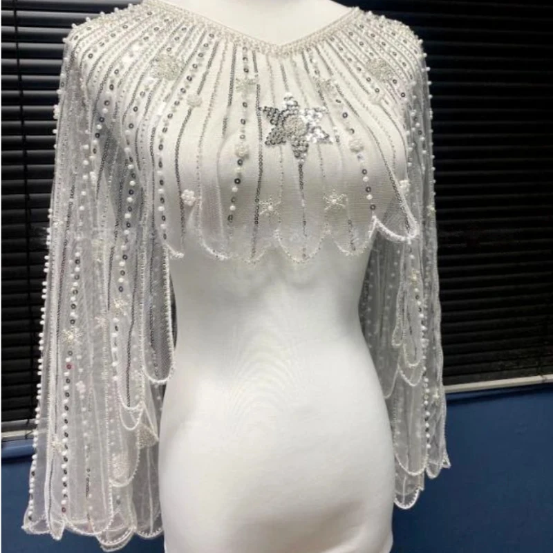 Star Pattern Shimmering Pearl Sequin Bead Embellished Cape Clubwear Tops Banquet Party Cover Up Cheongsam Decor Wings Shawl
