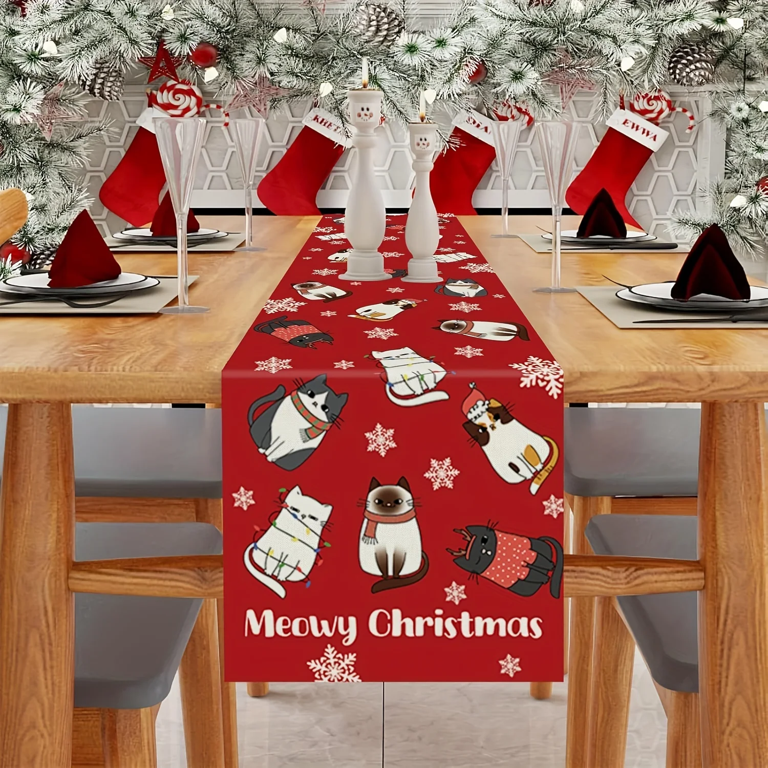 1 Cute Christmas Cat Table Runner, a Cute Cat Wearing a Hat and Sweater on a Red Background, a Table Runner with Snowflakes and 