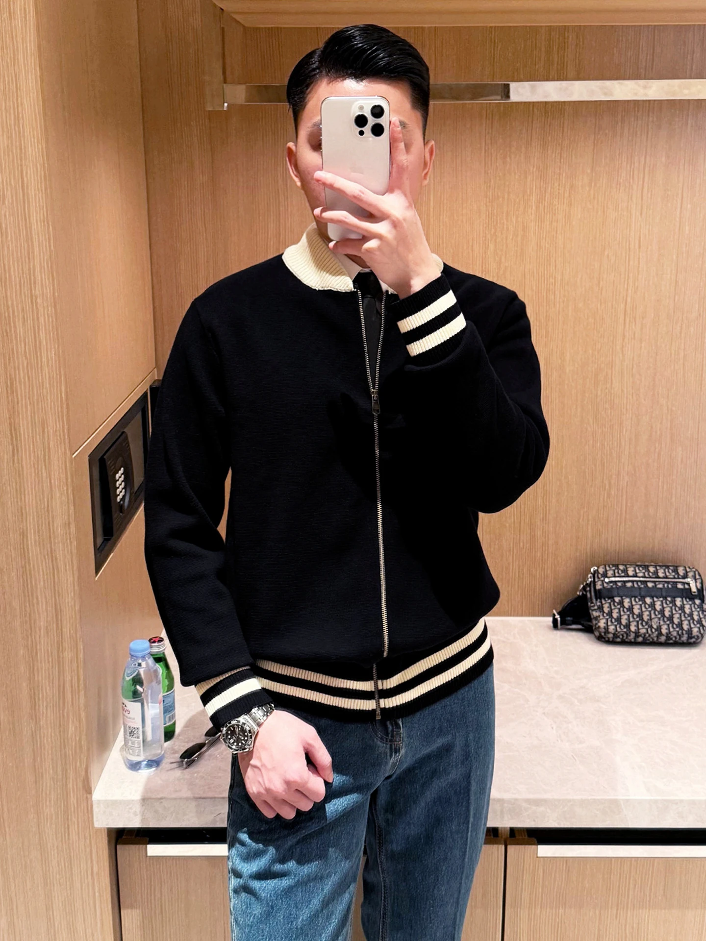 

Men's Winter Thiened Baseball Collar Knitwear Zipper Splice Color Busin Casual Soft Cotton Vintage Sle Long Sve Swe...