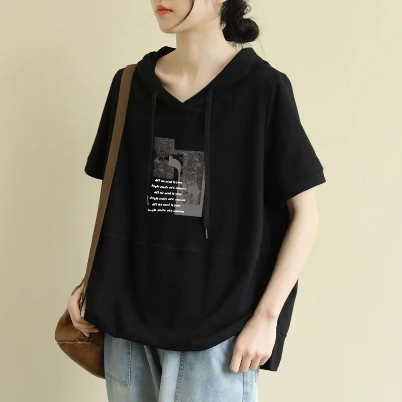 2024 New Summer Korean Version Fashionable Minimalist Print Casual Loose Fit Oversized Pullover Short Sleeved Hoodie for Women