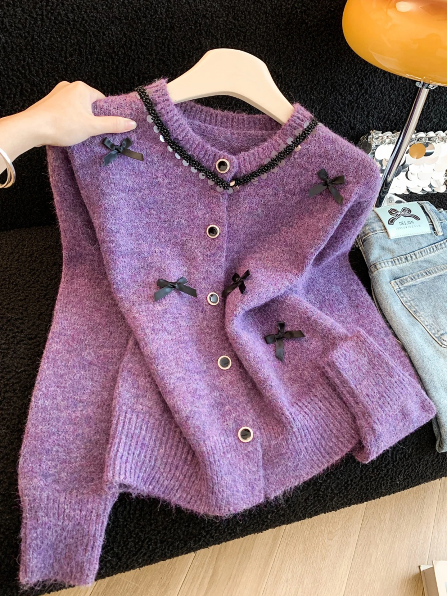 

Sweet Knitted Knot Sweater Coat Women's Winter New Sle Soft Purple Loose Fit Long Sve round Ne Thiened Car...