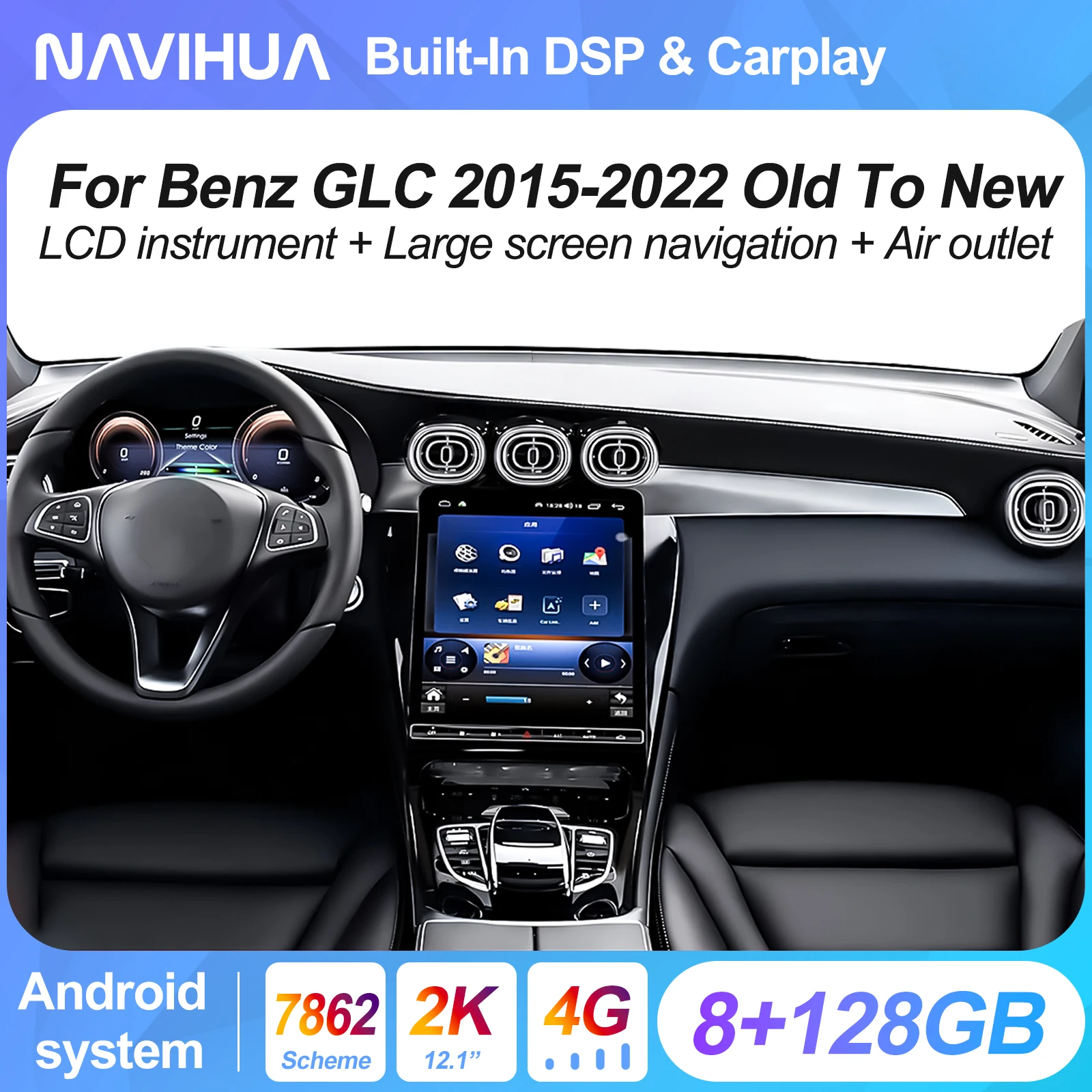 Navihua Old to New Upgrade Center Console Interior Upgrade Android Car Radio Digital Cluster Air Outlet for Benz GLC 2015-2022