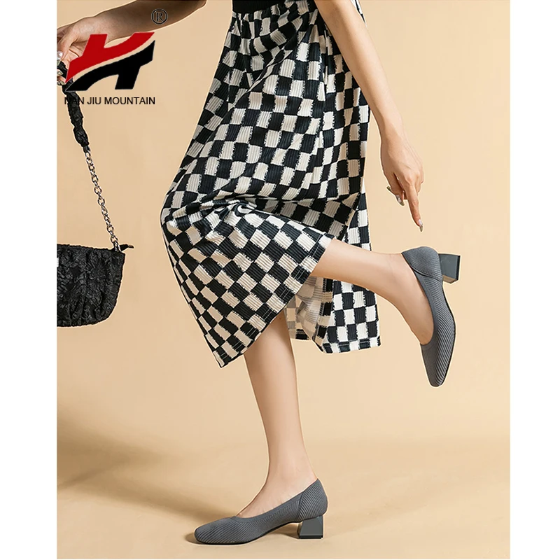 Solid Color Single Shoes Women Low-Heeled Square Toe Shoes 2023 New Fashion Spring Autumn Knitting Shoes Plus Size 43