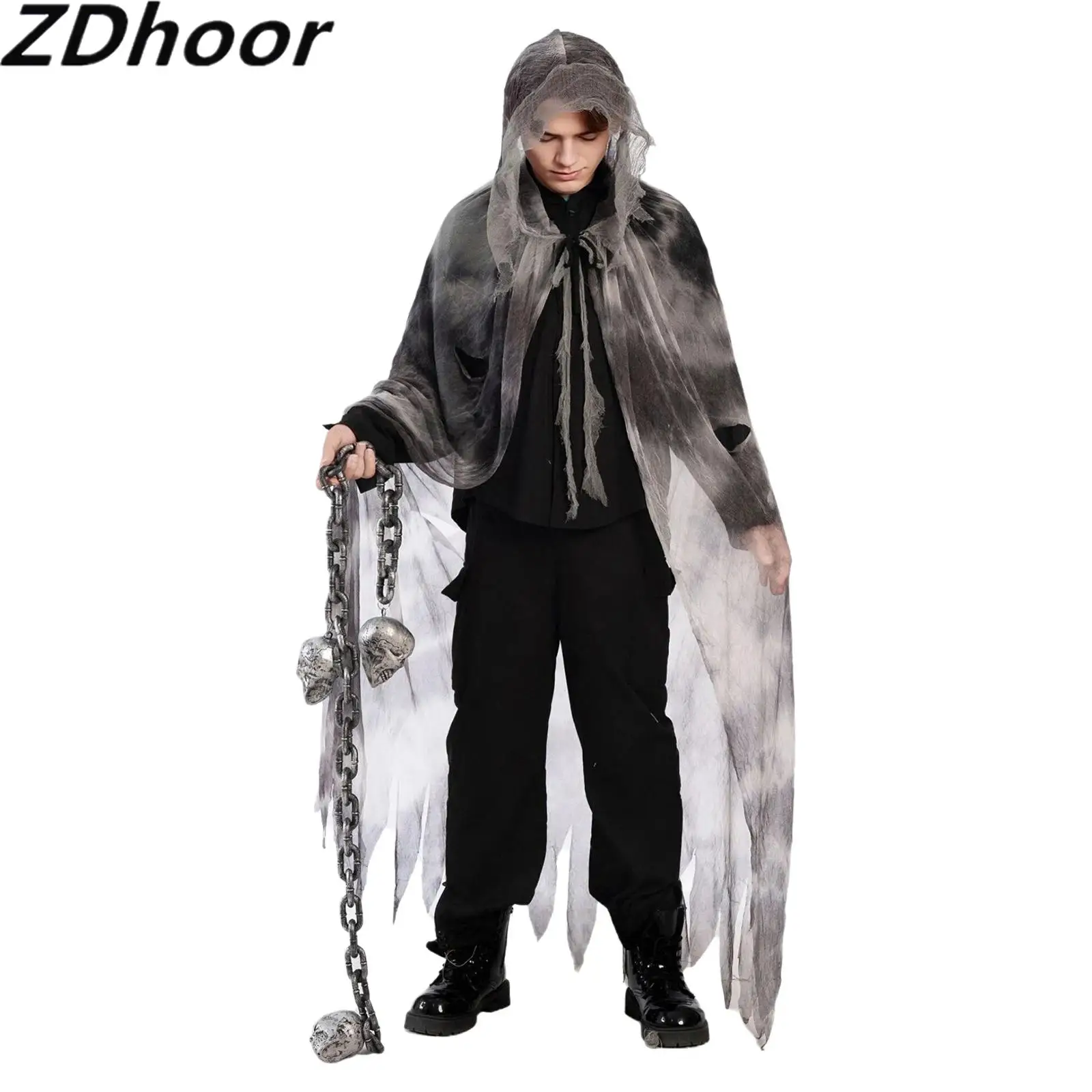 Men Women Halloween Hood Cloak with Exaggerated Ripped Mesh Lace-up Cape for Cosplay Theme Party Masquerade