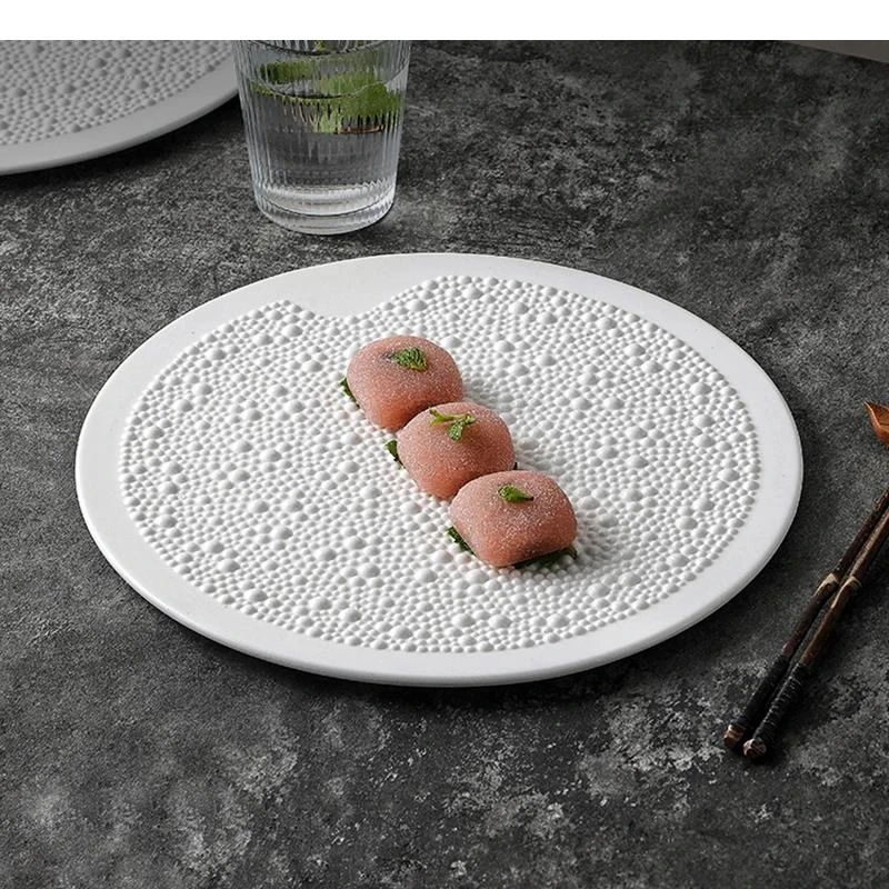 

Pure White Bead Dot Ceramic Flat Plate Dessert Pasta Sushi Plates Restaurant Molecular Cuisine Specialty Tableware