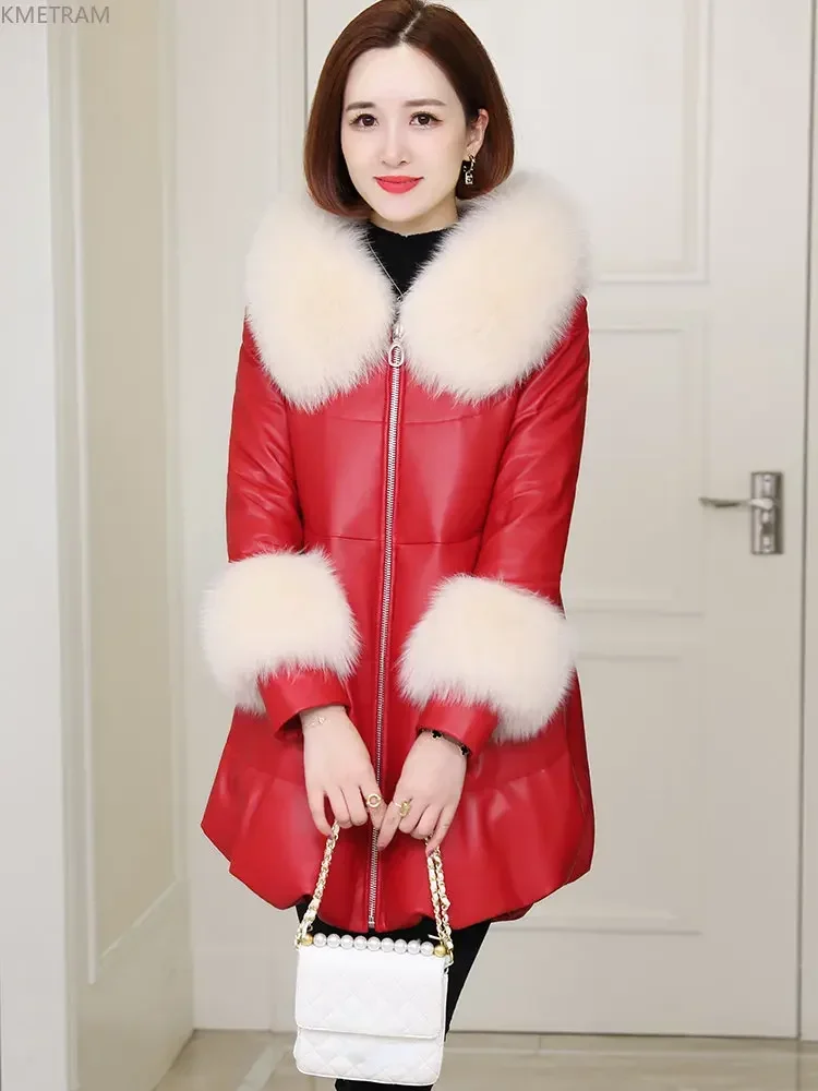 Real Leather Jacket for Women Winter Hooded Down Coats Fox Fur Collar Genuine Sheepskin Leather Jackets Woman Loose Down Jackets