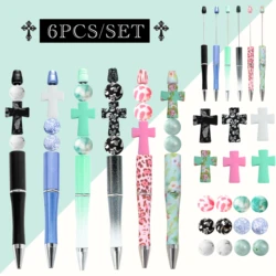 6PCS New Cross Shaped Theme DIY Bead Ballpoint Pen And Silicone Bead Set,Office&Study Supply