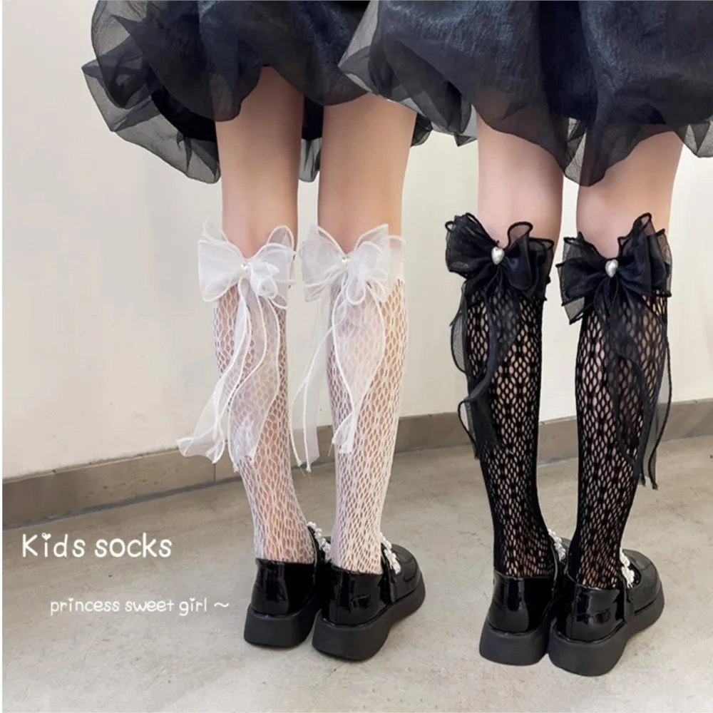 baby Summer thin lolita sock bowknot bud silk stockings girl long socks lace princess calf socks kids knee high stocking