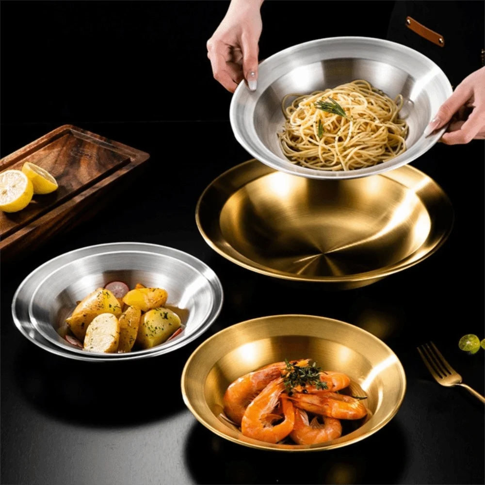 Straw Hat Shape Korean Style Plate Rust-resistant Drop-resistant Food Serving Dish Stainless Steel Food Storage Plate Cafeteria