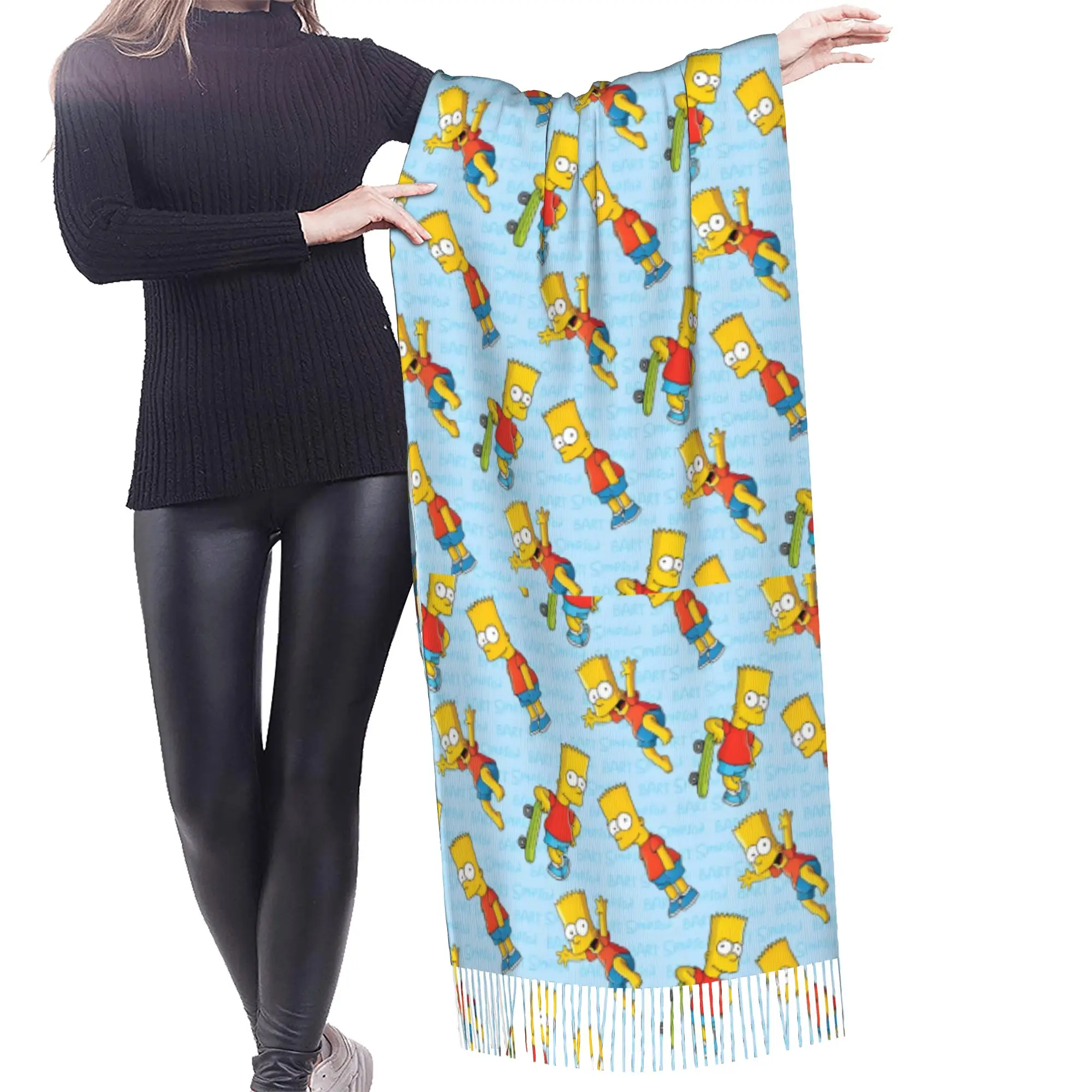 Custom S-Simpsonsed Anime Scarf Wrap for Women Long Winter Fall Warm Tassel Shawl Unisex Homer Cartoon Scarves