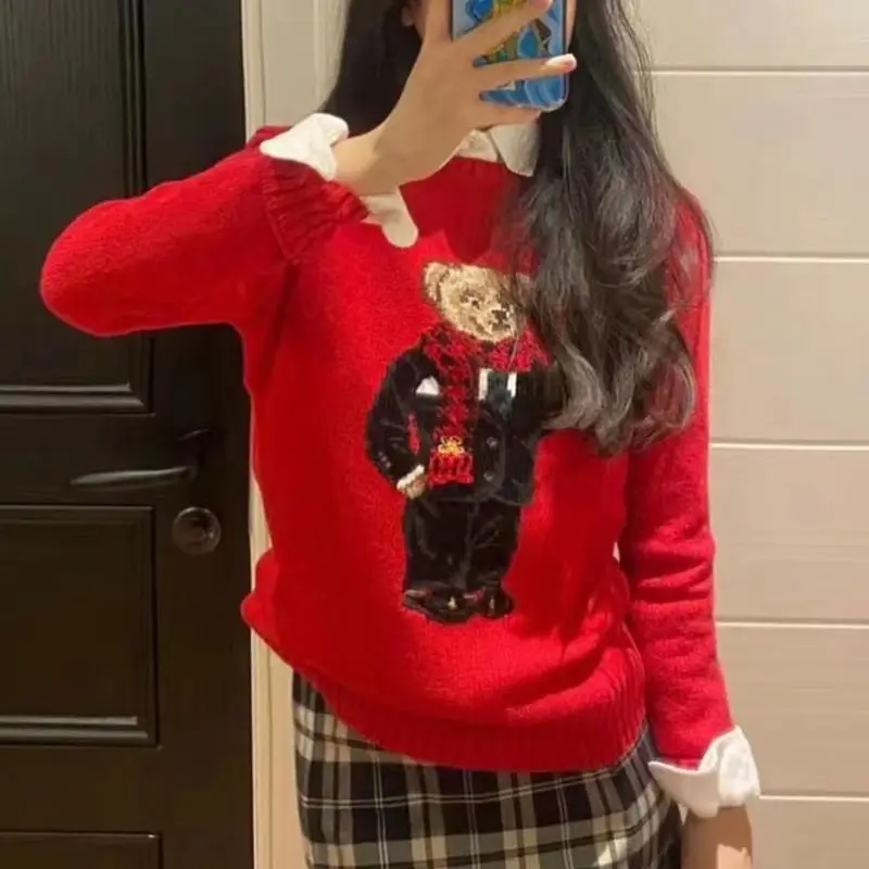 Red sweater women\'s 2024 autumn and winter new casual and festive cartoon bear women\'s warm sweater sportswear holiday dress