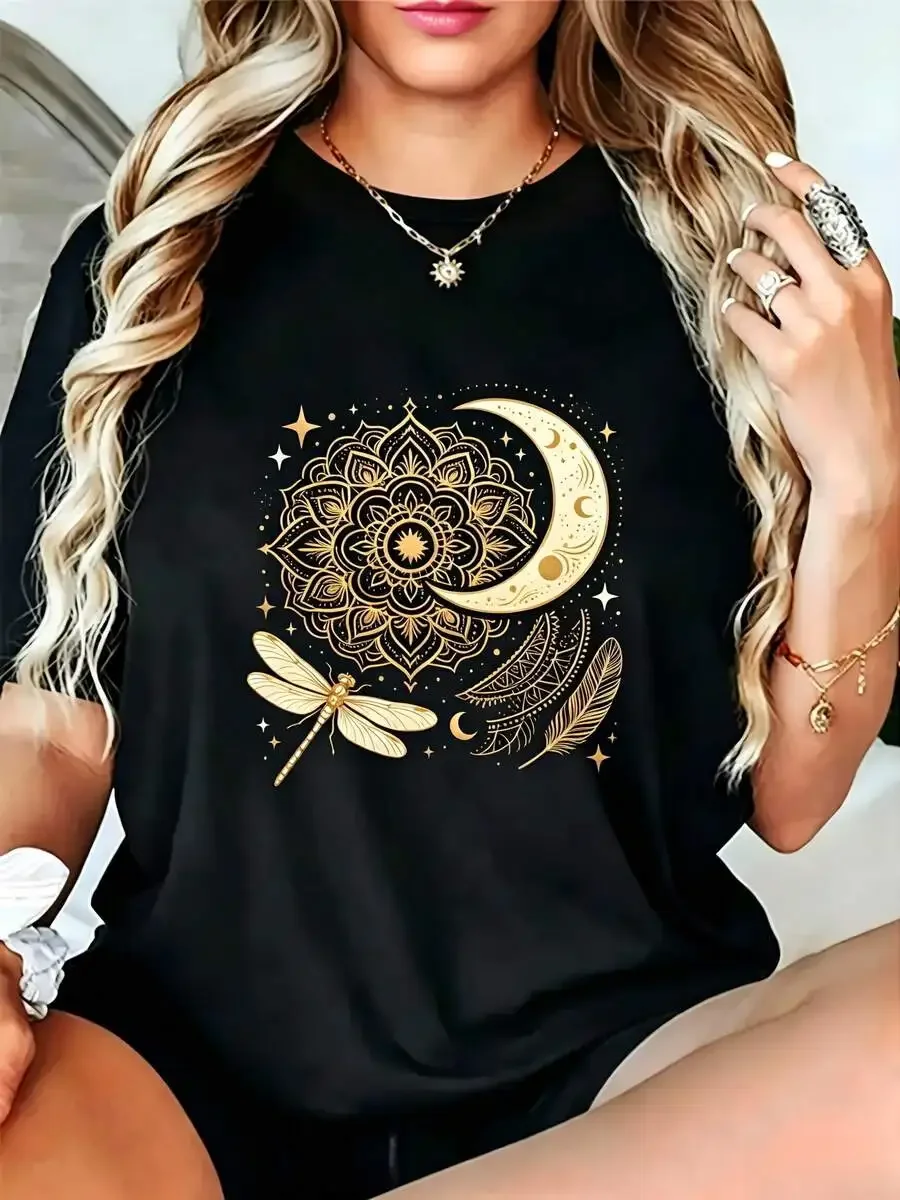 Boho Aesthetic Casual Graphic Tee For Women Golden Moon Mandala Dragonfly Design Short Sleeve Stylish Summer Daily Wear Gift Idea For Her