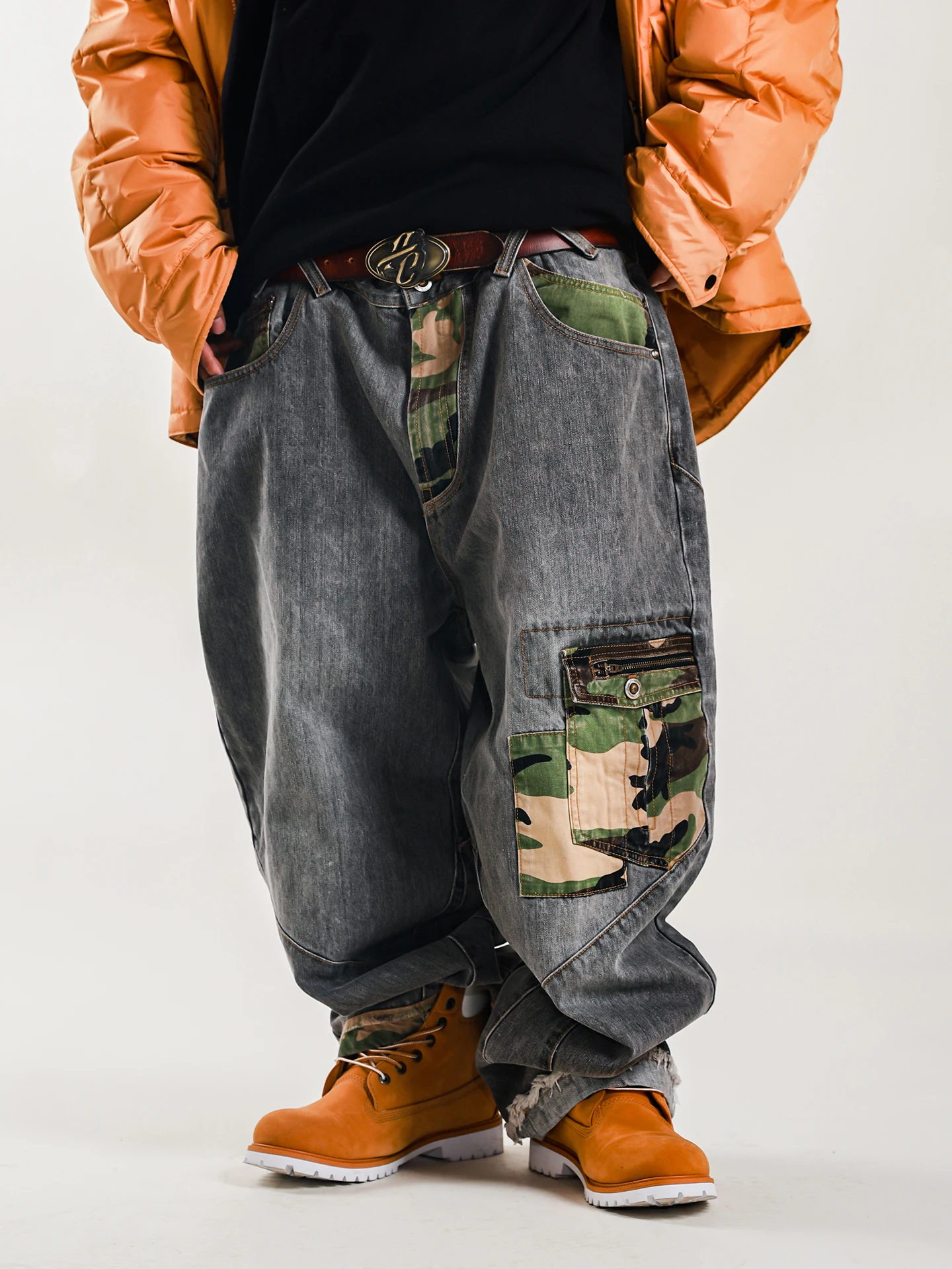 ACUSA Grey Washed BAGGY Camouflage Patchwork Deconstructed Cargo Denim Men's Loose Wide Leg Pants Workwear Style Jeans