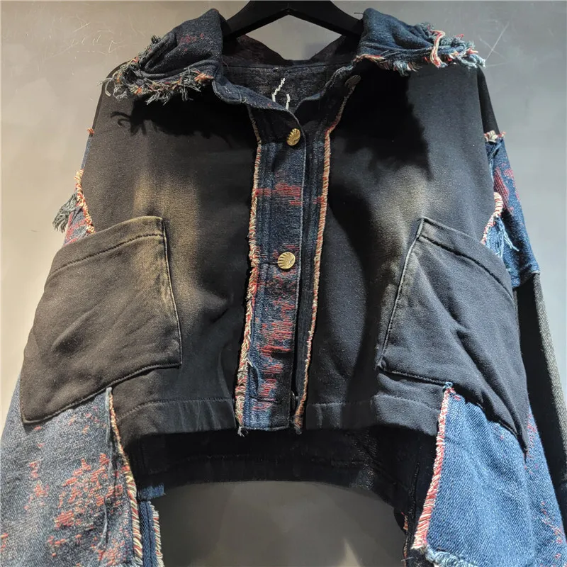 WTHT delle Nuove Donne di Modo Patchwork Lavato Risvolto Manica Lunga Giacca di Jeans A Vita Alta Jeans Dritti Femminile 2025 Autunno 1LS2310