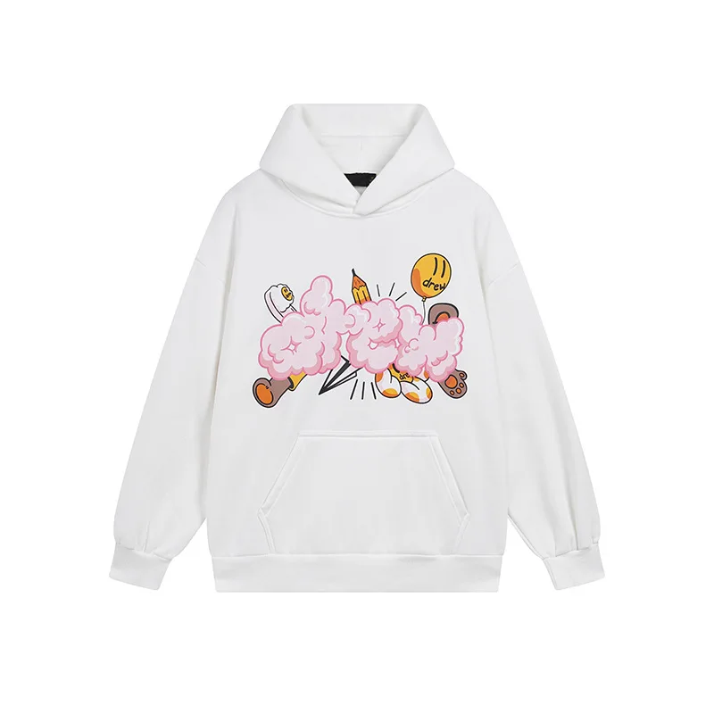 

Drew House Smiley Balloon Graffiti Unisex Couple's Oversized Versatile Fleece-Lined Hoodie for Fall/Winter
